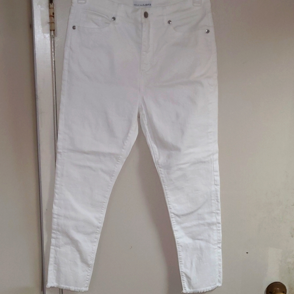 Loft frayed hem high rise skinny jeans.